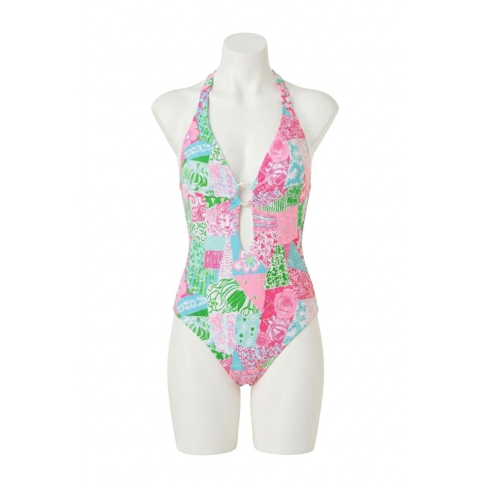 NEW LILLY PULITZER ester one piece swimsuit in multi crazy quilt